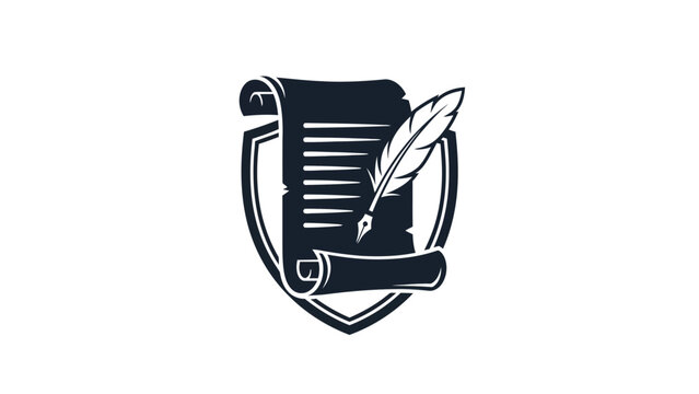Stylized emblem featuring a rolled parchment scroll within a shield, quill, and lines