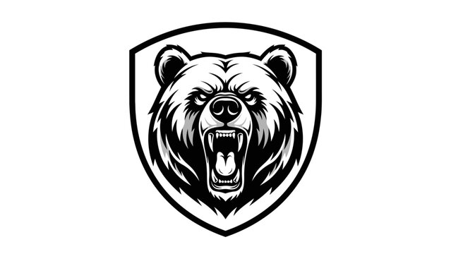 A monochrome illustration of a fierce bear's head framed within a shield outline, open mouth