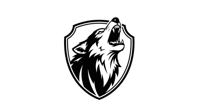 A black and white illustration of a howling wolf within a shield