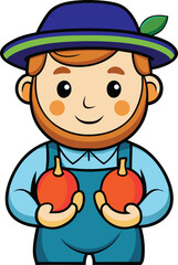 A cute farmer holding 2 pears