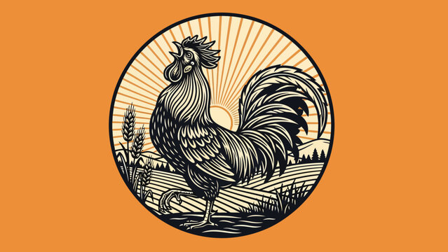 A rooster illustration, stylized, crowing in a circular emblem with a sunburst design and landscape