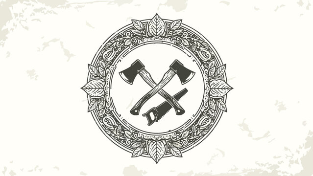 A rustic illustration featuring crossed axes and a saw, set within an ornate, leafy circular frame
