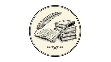 A vintage-style illustration within a circle, showing a quill, open book, and stacked books