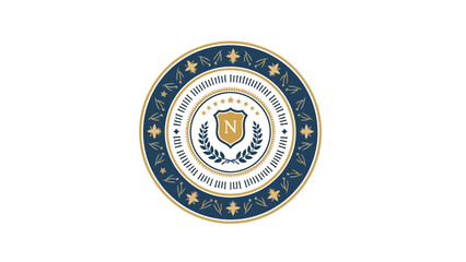 Circular emblem with gold and navy blue elements, featuring a central shield, stars and laurel wreath