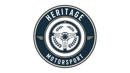 Fototapeta premium Circular emblem showcasing a steering wheel with laurel wreaths, surrounded by text and wings