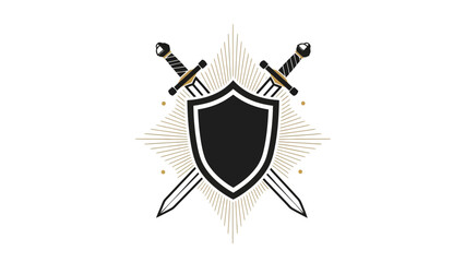 A crest featuring a shield with crossed swords, surrounded by a radiant burst