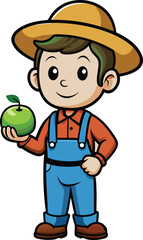 A cute farmer holding a green apple.