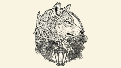Black and white illustration of a wolf with detailed fur, framed by a lantern and branches