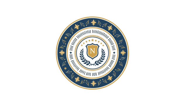 Circular emblem with gold and navy blue elements, featuring a central shield, stars and laurel wreath