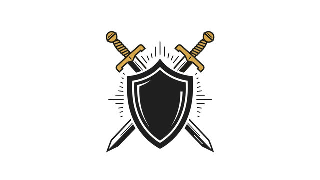 A crest featuring a shield with crossed swords, radiating lines on a white background