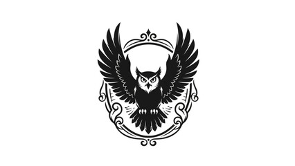 Obraz premium A striking black and white design of a majestic owl with spread wings, enclosed by a decorative frame