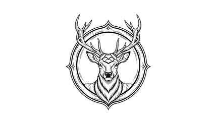 Fototapeta premium Black and white illustration featuring a stylized stag head within a decorative oval frame