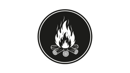 A white illustration inside a black circle depicting a campfire with flames and logs