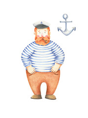 Hand drawn seaman and anchor illustration isolated on transparent background. Captain Boatswain character painted with colored pencils. Sailor man design.