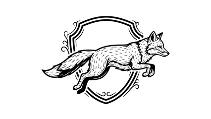 A leaping vulpine silhouette, etched in black, encircled by a decorative shield design