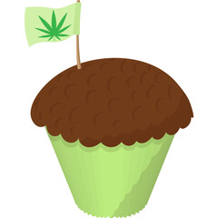 Green cupcake with brown frosting and a cannabis leaf flag on a white background