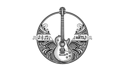 A grayscale depiction of an electric guitar surrounded by a decorative circular border and musical notes