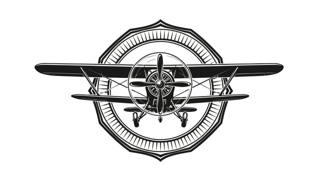 A vintage, black and white biplane illustration framed within a decorative, shield-like emblem