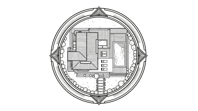 Architectural floor plan drawing of a modern house, within a decorative circular frame