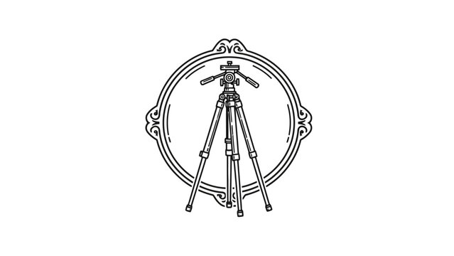 A linear illustration of a tripod positioned within a decorative ornate circular frame