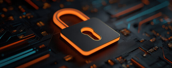 Glowing padlock icon digital security circuit board cybersecurity data protection neon orange glowing padlock icon circuit board highlighting secure data access and modern cybersecurity protection