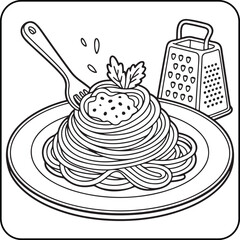 Pasta Plate with Sauce – Fun Spaghetti Coloring Page for Kids and Adults | Hand Drawn Line Art Vector, Black and White Food Design.