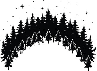 Pine Trees Arch Forest Stars Night Sky Silhouette Nature Landscape Holiday Festive Seasonal Winter Symmetry Illustration Design Outdoor Scenic Art