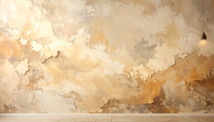 Textured distressed wall with peeling plaster and warm earthy tones creating a rustic, aged, or grunge aesthetic for creative backgrounds
