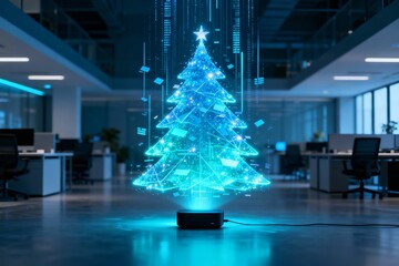Holographic Christmas tree projection glowing in futuristic blue light, emerging from a small black device in a modern office, shimmering digital particles and geometric lines create a sci-fi high-tec