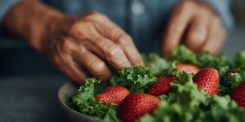 Person is preparing a salad with lettuce and strawberries