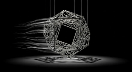 Abstract geometric crystal structure suspended in darkness with ethereal light trails creating a sense of motion and mystery