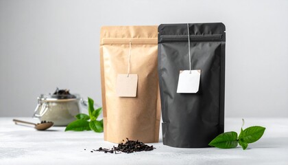 Two sleek pouches of premium loose leaf tea, one kraft brown and one matte black, sit ready for branding with fresh mint sprigs and a jar of tea leaves nearby.