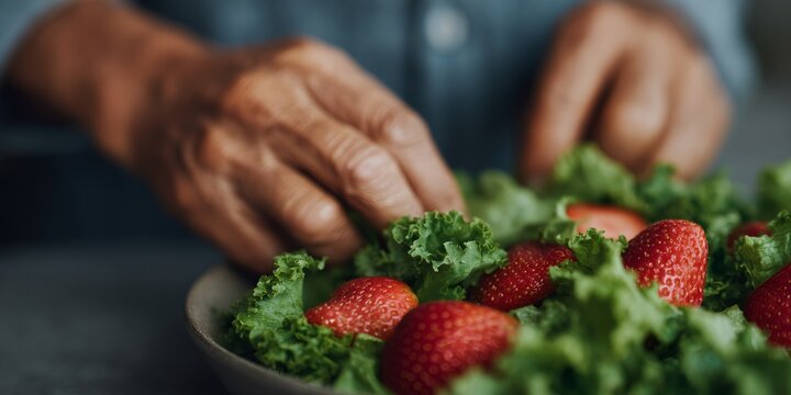 Person is preparing a salad with lettuce and strawberries - Powered by Adobe