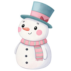Cute snowman wearing a blue hat and pink scarf stands cheerfully in a winter landscape