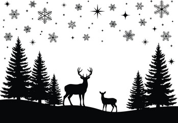 Winter Forest Deer Antlers Snowflakes Stars Trees Silhouette Nature Wildlife Holiday Festive Seasonal Landscape Illustration Black White Night Scene Tranquil Art