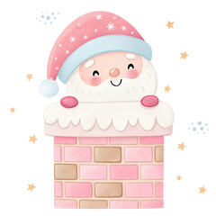 Happy Santa peeking out of a pink chimney with stars in the background during a festive winter scene