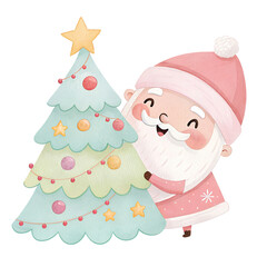 Cheerful Santa Claus decorating a pastel Christmas tree with colorful ornaments during the festive holiday season