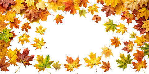 Autumn falling maple leaves frame isolated on White Background ,PNG. AI Generated 