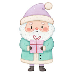 Cheerful cartoon Santa holding a pink gift in winter attire, brightening the holiday season