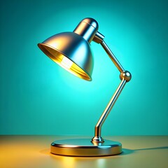 Stylish metallic desk lamp with dome-shaped shade casting warm light on teal-blue gradient background, highlighting modern interior design