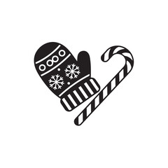 Silhouette of a mitten and candy cane crossed, white background