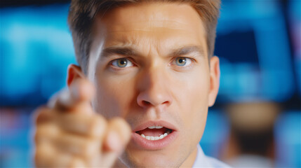 Serious man pointing finger toward camera, concept of attention, accusation, or leadership with emotional intensity.