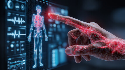 Doctor's hand interacting with advanced ai medical diagnostic interface for enhanced healthcare