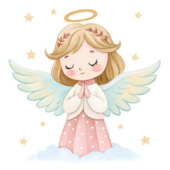 Cute angel with golden halo praying among stars and clouds in a soft pastel style