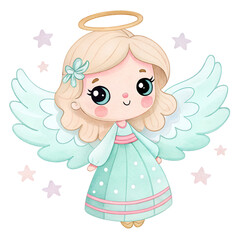 Cute angel with golden halo praying among stars and clouds in a soft pastel style