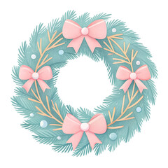 Decorative green wreath adorned with pink bows and white ornaments for festive occasions