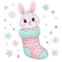 Cute bunny peeking out from a colorful Christmas stocking with snowflakes and stars in a winter wonderland scene