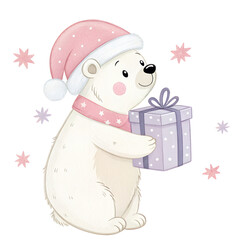 Cute polar bear wearing a pink Santa hat holds a gift with pastel stars around in a winter celebration scene