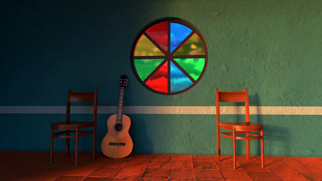 Guitar and chairs in a room with a round stained-glass window