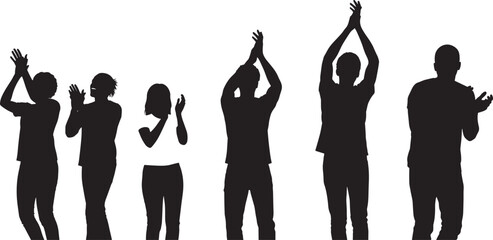 Silhouette people clapping, standing ovation, applause gesture, celebration crowd, cheering audience, black figures, expressive pose, appreciation moment, vector illustration, stock art